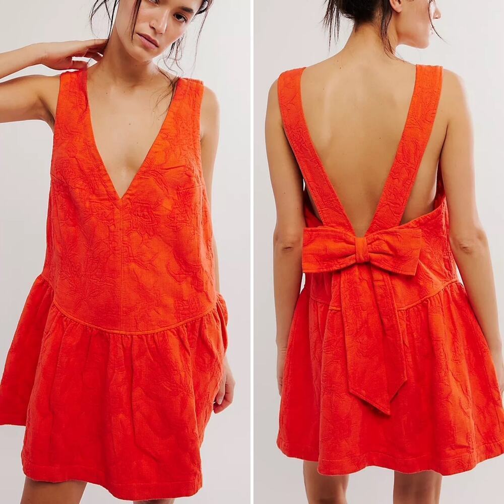 Free People About Town Mini Dress Medium in Scarlet Ibis Embroidery Bow NWT